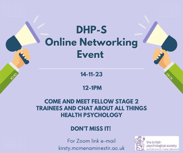 Calling all Health Psychology graduates 📢

Don’t miss this opportunity to network with fellow stage 2 trainees and talk about all things Health Psychology 

DM for the Zoom link or get in touch via email
⬇️                                ⬇️                            ⬇️