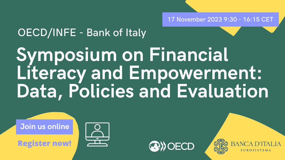 Interested in learning how to use evidence to design, implement and evaluate relevant #financialeducation programmes? Join us online at the <a href="/OECD/">OECD ➡️ Better Policies for Better Lives</a>-<a href="/bancaditalia/">Banca d'Italia</a> Symposium on Financial Literacy &amp; Empowerment on 17/11/2023!
Register before tomorrow 18:00 CET: bit.ly/40QYwMN