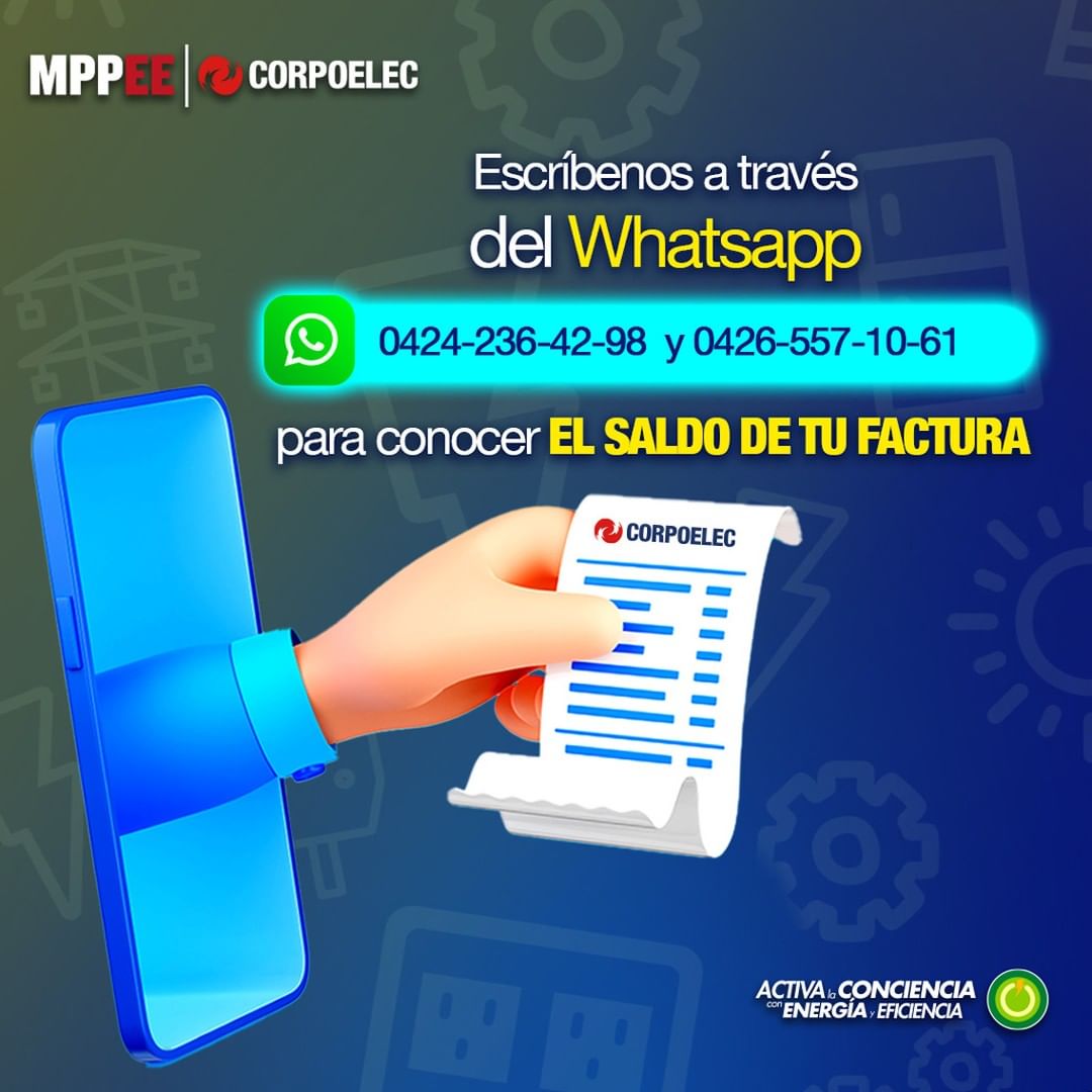 CorpoelecInfo's tweet photo. Recuerda que puedes consultar el saldo de tu factura del servicio eléctrico a través del 0426-557-10-61 y 0424-236-42-98 por Whatsapp.

#EsequiboX5EsVenezuela https://t.co/LsVXmTaSrX