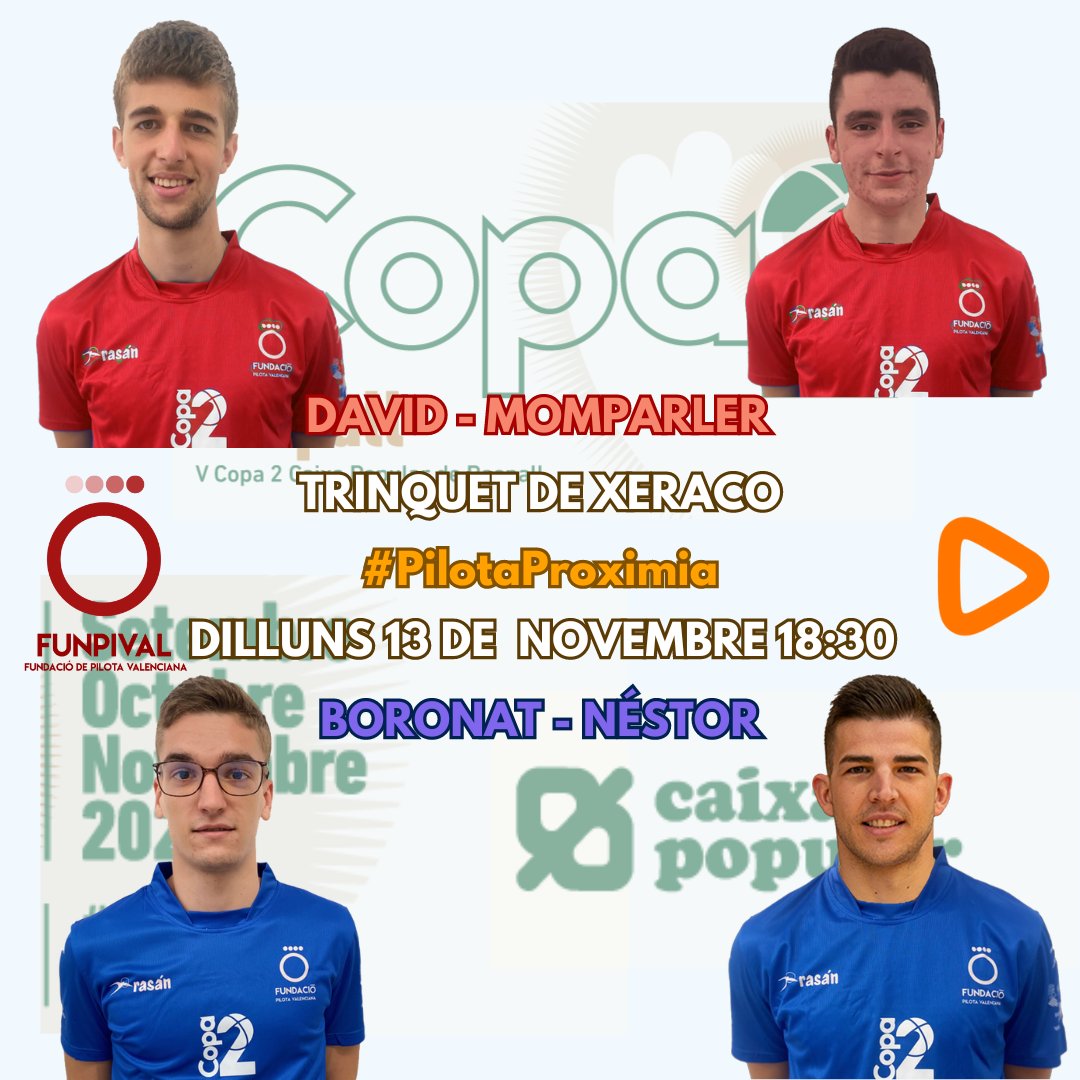 Recordeu que hui tenim una cita en #ProximiaTV #PilotaProximia <a href="/caixapopular/">Caixa Popular</a> <a href="/funpival/">funpival</a> 

proximiatv.com/stream/_tMgZ-y…

⏰ 18:30
🏆 Final de la #Copa2 de #Raspall
📍Trinquet de Xeraco
🔴 David i Momparler
🔵 Boronat i Néstor