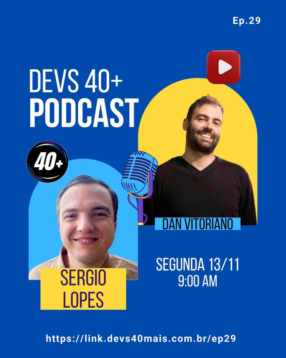 danvitoriano's tweet image. ESTOU AO VIVO com Sérgio Lopes, CTO e cofundador da Alura no episódio 29 do podcast Devs40+ Cast.

Ao vivo pelo YouTube:link.devs40mais.com.br/ep29

#devs40mais #programação #tecnologia #webdev #developer #dev #devs #diversidade #diversidadeGeracional #podcast #alura #aluraverso