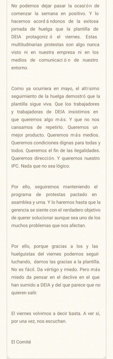 📢El Comité de empresa de <a href="/deia_eus/">DEIA</a>  quiere dar las gracias por el apoyo masivo de la plantilla a la huelga del viernes. Un seguimiento ejemplar que no acabará aquí. Seguiremos hasta que nos escuchen.