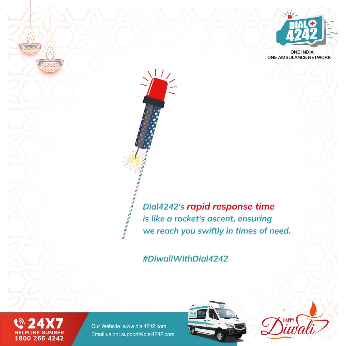 dial4242's tweet image. Sparkling Safety: Dial4242, your rapid response for a safe celebration! With a swift 12-min TAT and 12,000+ ambulances nationwide, we illuminate your path to health. Download Dial4242 App for instant ambulance booking in 700+ cities.#TogetherAlways #DiwaliWithDial4242 #Healthcare