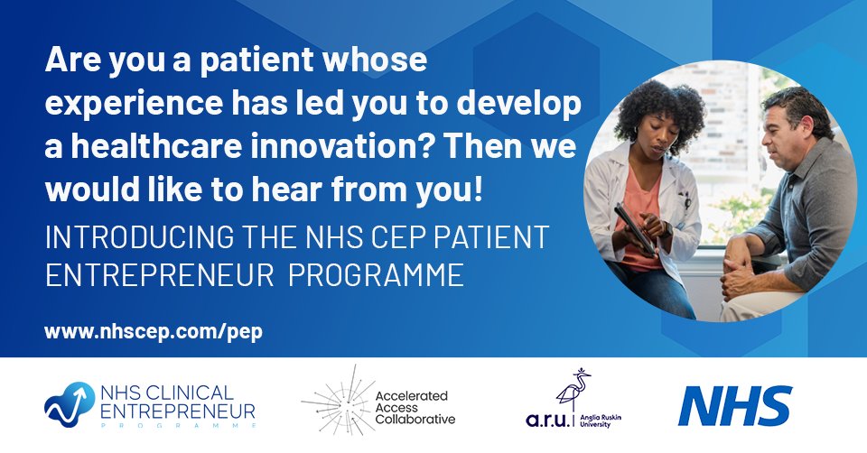 Newcastle Hospitals Commercial Enterprise Team (@nclenhscet) on Twitter photo We're one of ten <a href="/NHS_CEP/">NHS Clinical Entrepreneur Programme</a> ‘InSite test beds’ across the country which supports NHS staff to develop and grow their ideas.
#nhsceppatient is encouraging patients and carers with healthcare #innovations to sign up for a 12-month pilot support programme 👇
nhscep.com/pep We're one of ten <a href="/NHS_CEP/">NHS Clinical Entrepreneur Programme</a> ‘InSite test beds’ across the country which supports NHS staff to develop and grow their ideas.
#nhsceppatient is encouraging patients and carers with healthcare #innovations to sign up for a 12-month pilot support programme 👇
nhscep.com/pep