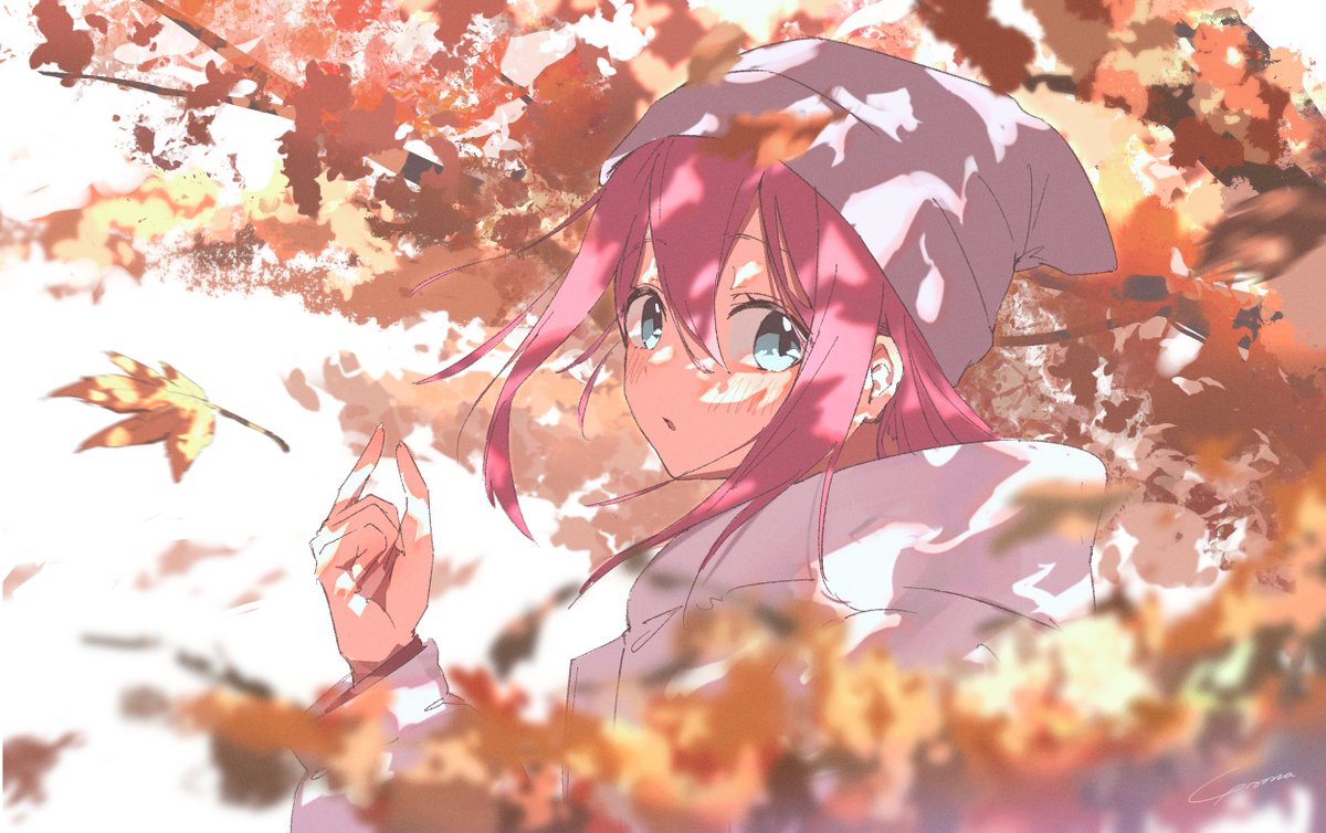kagamihara nadeshiko 1girl solo pink hair hat looking at viewer blue eyes autumn leaves  illustration images