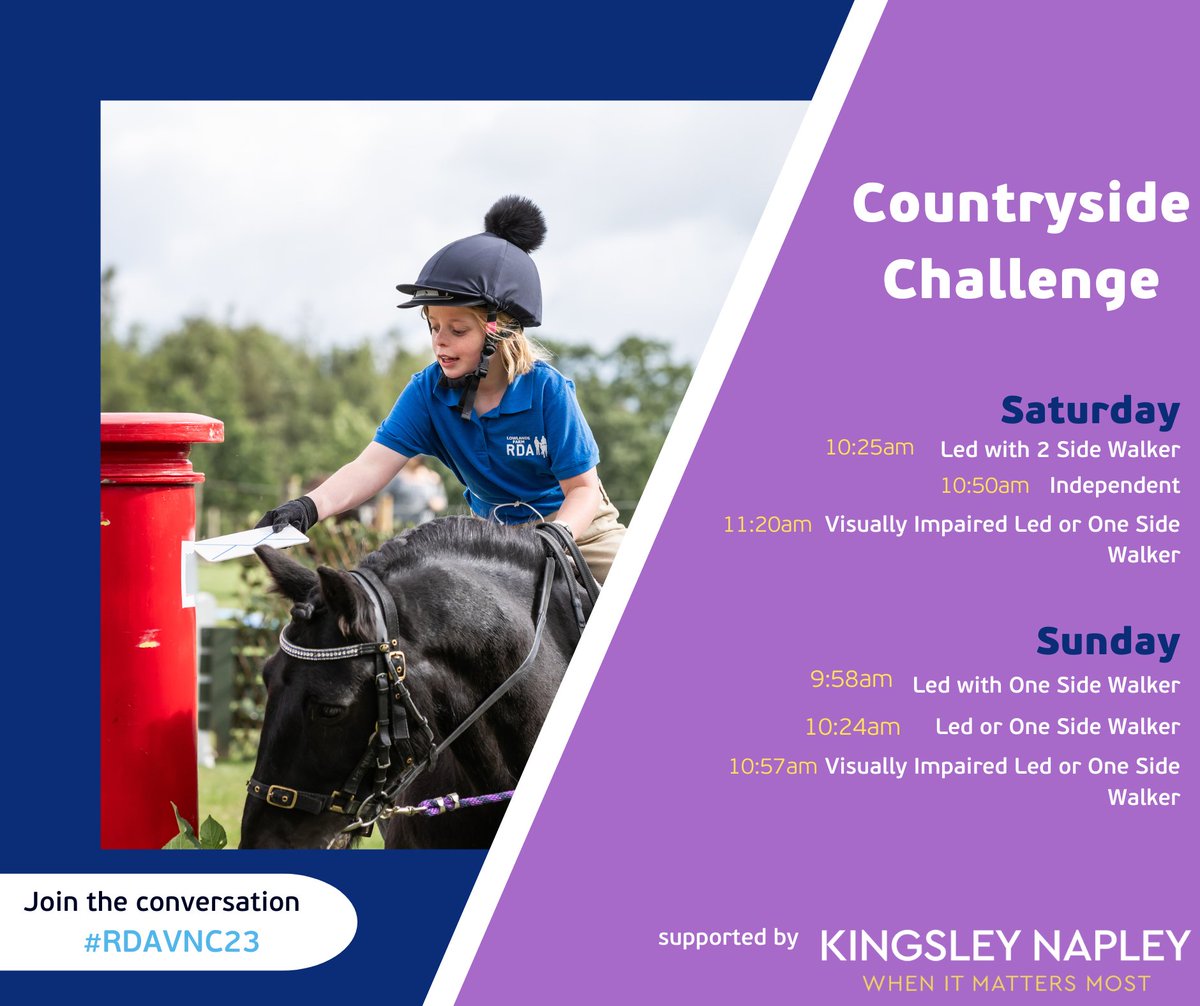 Our 2023 Virtual National Championships will see RDA participants competing in 7 disciplines, including Musical Ride and Drive, supported by @OliverWightEAME and Countryside Challenge, supported by @kingsleynapley.

Full schedule available 👇💚
bit.ly/47sakqE
#RDAVNC23