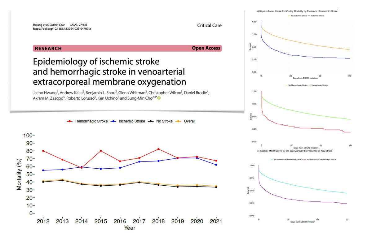 🧠 Strokes in adults on VA #ECMO, @ELSOOrg Registry analysis 2012-21 📈 ischemic stroke incidence ⬆️ while hemorrhagic stroke remained stable 📈 ⬆️ 24h PaO2 & ⬆️ PaCO2 decrease pre/post (24h) cannulation associated w ⬆️ ischemic stroke incidence 📉 case volume not associated with…
