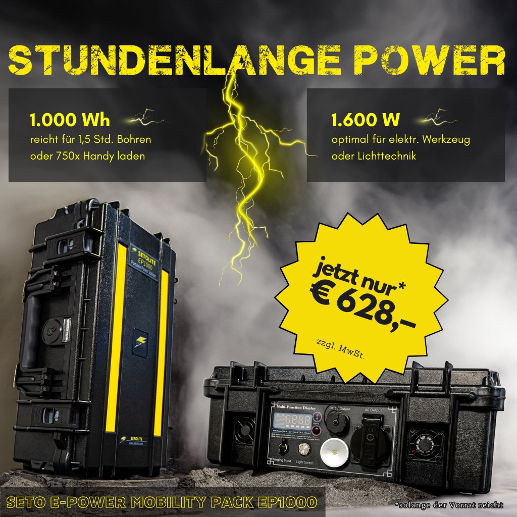 SetoLED's tweet photo. Nur solange der Vorrat reicht! 📦 Unsere #Powerbank🔋 SETO E-POWER MOBILITY PACK EP1000 ist perfekt für Bau🏗️ und andere Einsätze🚔. Kein #Strom🔌 vor Ort? Kein Problem! Mit SETO tanken Sie Energie für stundenlanges #Bohren🛠️ und mobile #Beleuchtung🔦. 

#SETOLITE #AKKU https://t.co/VUBIaNgubp