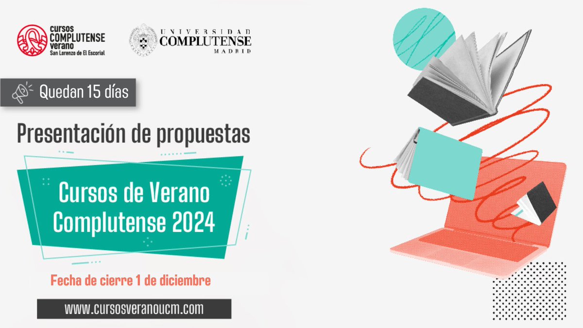 Os recordamos que quedan 15 días para el cierre de presentación de propuestas para los #CursosVeranoUCM.

Pueden presentar sus propuestas del hasta el próximo 1 de diciembre del 2023.

Presenta tu propuesta en 👇
cursosveranoucm.com/se-abre-el-pla…