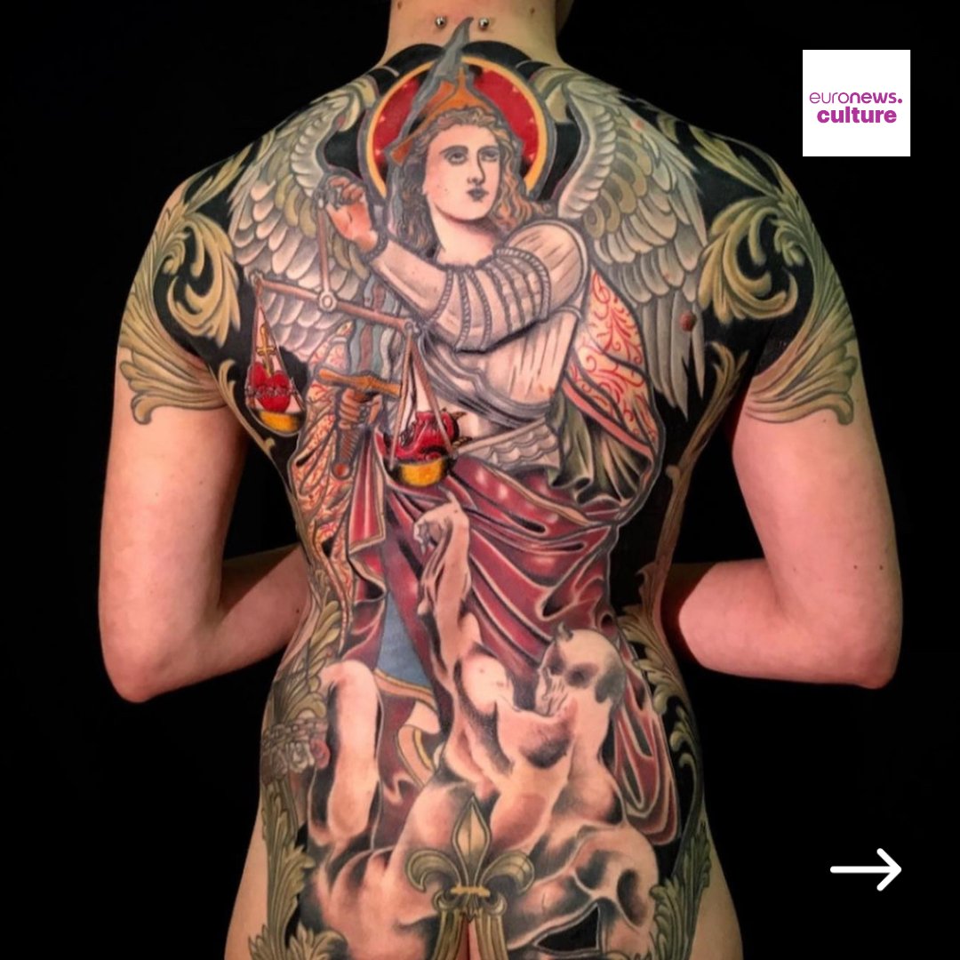 euronewsculture's tweet photo. Mikael de Poissy has become the first tattoo artist to win a Médaille Vermeille prize from the Paris Academy of Arts, Science and Literature; honoured for his stunningly intricate designs inspired by medieval stained-glass windows. https://t.co/69EvZC0VYa