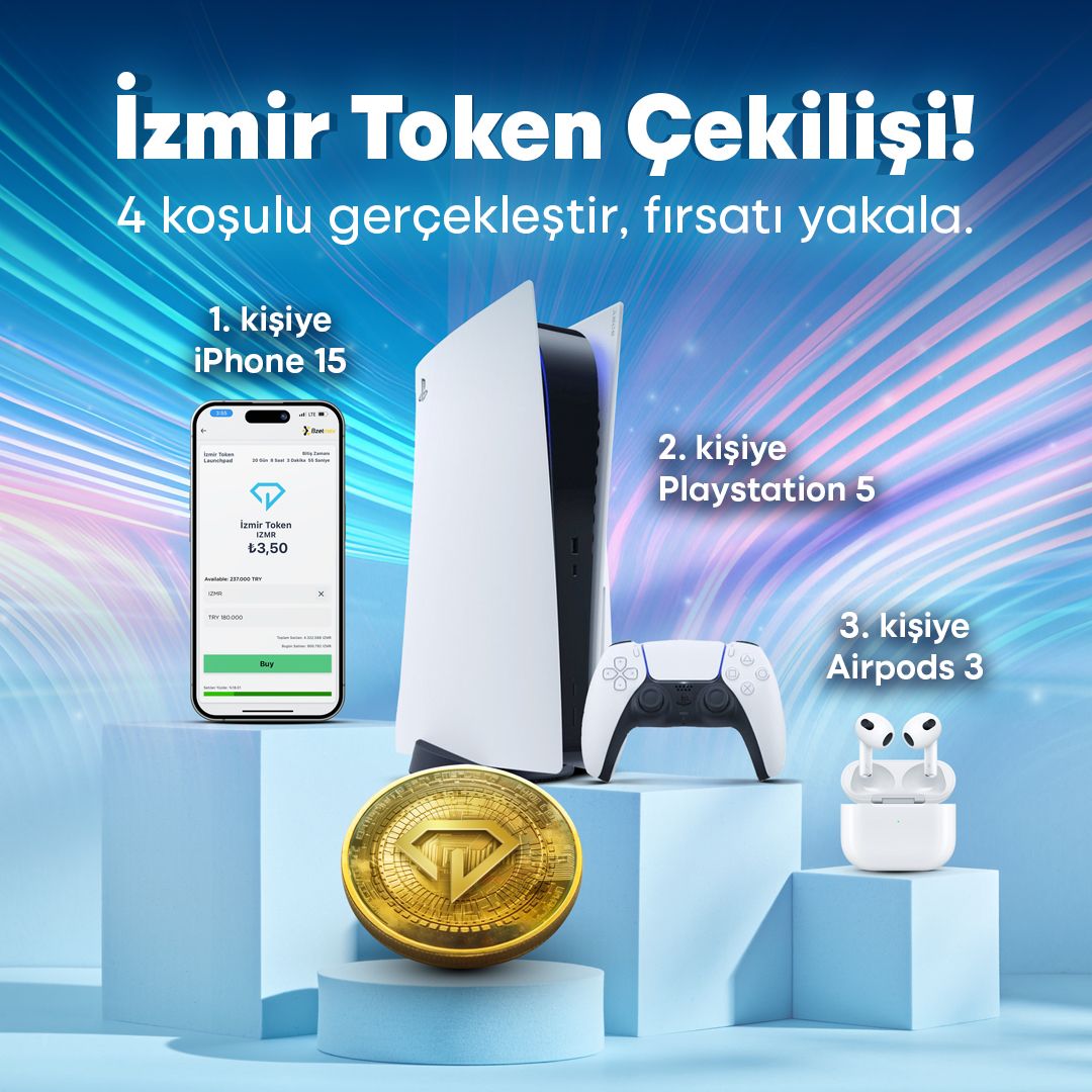 🎉 Büyük İzmir Token Çekilişi! 

🎁İzmir Token ailesi olarak, sizler için büyük sürprizler hazırladık! Koşulları yerine getiren 3 şanslı takipçimize muhteşem ödüller veriyoruz:
 
🎗️ Bir kişiye iPhone 15
🎗️ Bir kişiye PlayStation 5
🎗️ Bir kişiye de AirPods 3 hediye! 

Siz de