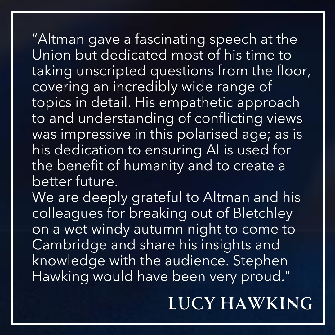 Lucy Hawking (@lucyhawkingauth) on Twitter photo Congratulations to the <a href="/OpenAI/">OpenAI</a> team and Sam Altman, <a href="/sama/">Sam Altman</a>, on receiving the 2023 Hawking Fellowship from <a href="/cambridgeunion/">The Cambridge Union</a>.
Well done all. ๐
#2023HawkingFellowship #HawkingFellowship #Cambridge #ai #openai #CambridgeUnion #LucyHawking #StephenHawkingย <a href="/TPP_SystmOne/">TPP</a> Congratulations to the <a href="/OpenAI/">OpenAI</a> team and Sam Altman, <a href="/sama/">Sam Altman</a>, on receiving the 2023 Hawking Fellowship from <a href="/cambridgeunion/">The Cambridge Union</a>.
Well done all. ๐
#2023HawkingFellowship #HawkingFellowship #Cambridge #ai #openai #CambridgeUnion #LucyHawking #StephenHawkingย <a href="/TPP_SystmOne/">TPP</a>