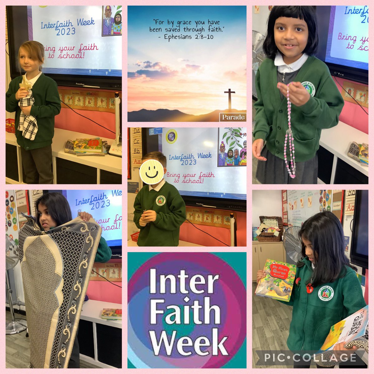 This morning we marked the start of #InterfaithWeek by inviting children to bring their faith to school. We talked about the different beliefs + rituals we have and how we pray to God. A big thank you to the pupils who were so eager to share their faith with us! #sjsbre #sjsbCST