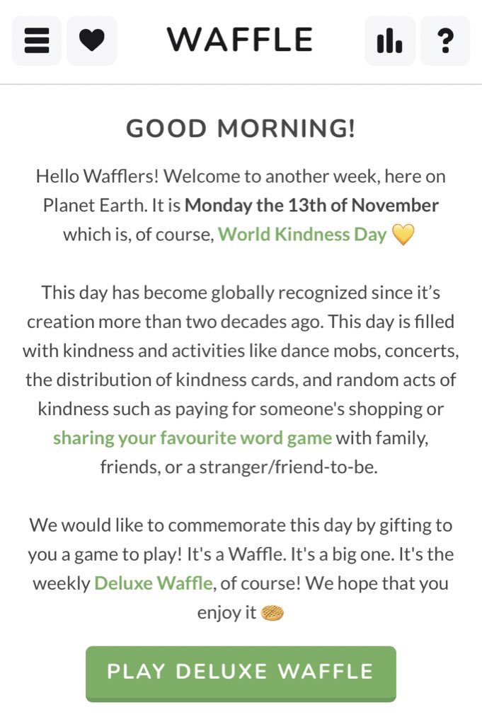 I love the added bonus of these wholesome awareness days @thatwafflegame provides after almost every game. #waffle661 3/5 #WorldKindnessDay #worldkindnessday2023 💙💚