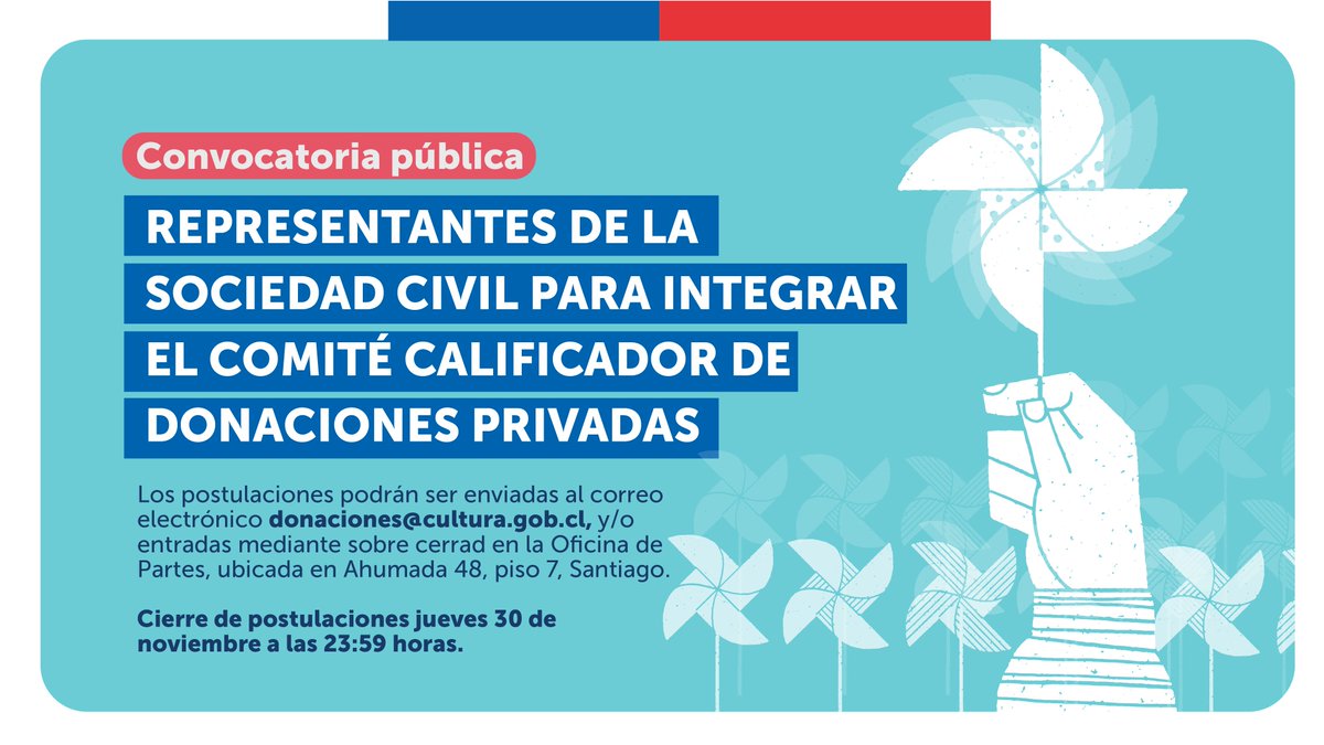 👀No olviden que ya se puede postular a la convocatoria para representantes de la sociedad civil para integrar el Comité Calificador de Donaciones Privadas.

📅Cierre de postulaciones jueves 30 de noviembre a las 23:59 horas.

Revisa los detalles en 👉 donaciones.cultura.gob.cl/ley-donaciones…