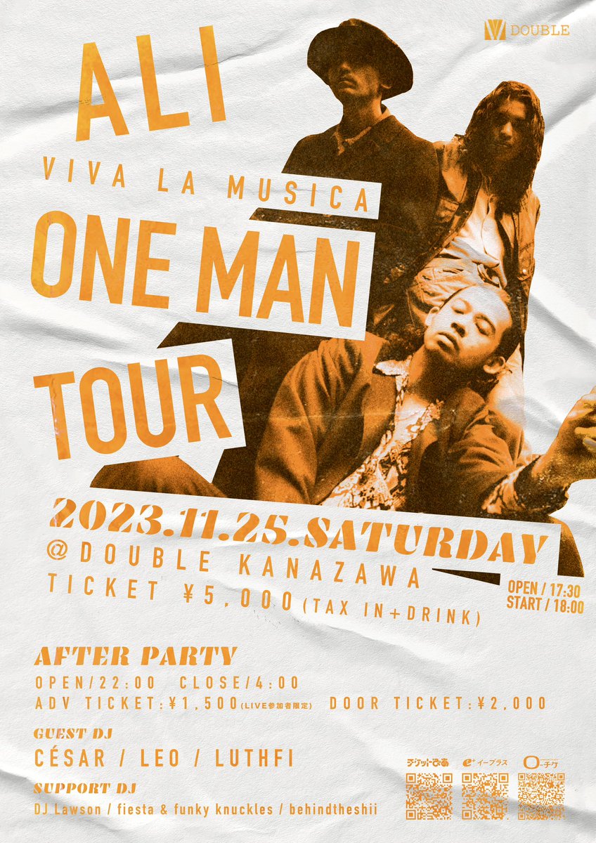 ALI ONE MAN TOUR「VIVA LA MUSICA」
<a href="/ALI_MUSIC_DANCE/">ALI_Official</a> 
@ALI_EN_LIBERTY 
2023.11.25.SAT
AT DOUBLE KANAZAWA
OPEN 17:00 START 18:00

✅チケットリンク
チケットぴあ
t.pia.jp/pia/ticketInfo…
ローチケ
l-tike.com/order/?gLcode=…
イープラス
eplus.jp/sf/detail/3120…