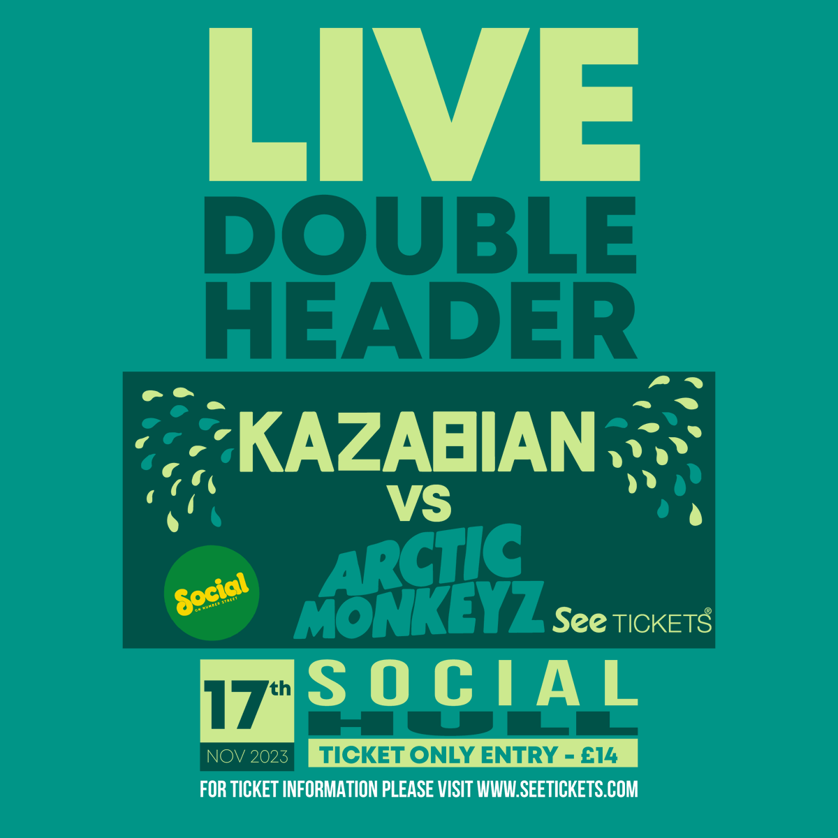 ❗️ TICKET ALERT - 50 LEFT The official and number one tribute act to the mighty Kasabian - @KazabianUK is back at Social this week for a double-header with Arctic Monkeyz. 📆 Friday 17 November 🎟 book via: bit.ly/KazabianvsArct…
