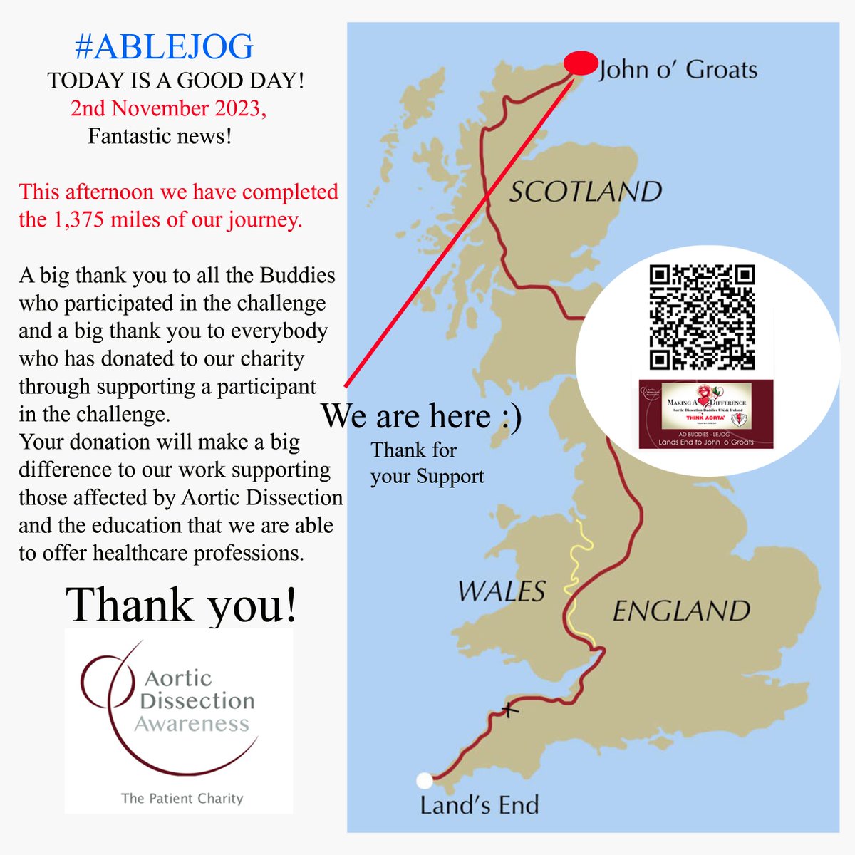 Amazing effort and much kudos go to our @aortabuddiesuki #ablejog team in completing their 1,375 mile Lands End to John o'Groats Challenge in support of @AorticDissectUK & thinkaorta.net #aortaed #lejog THANK YOU EVERYONE, for your support @Appledorianiexp AD Survivors.