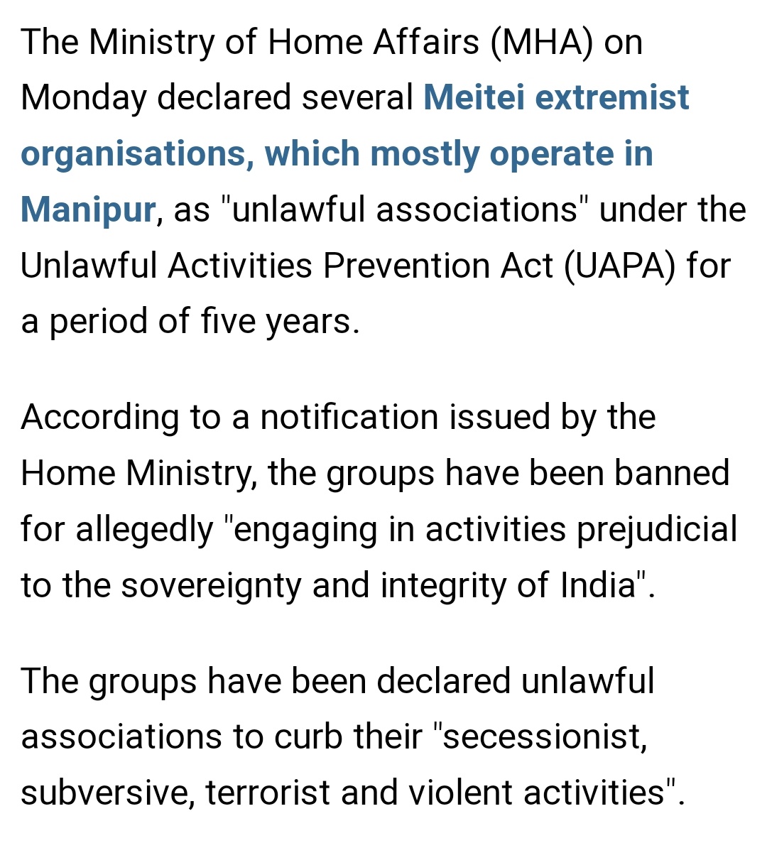 Centre bans 9 Meitei extremist groups operating from Manipur for 5 years- Nine Meitei extremist organisations were banned for allegedly 'engaging in activities prejudicial to the sovereignty & integrity of India'. #meiteiterrorist #manipur #meiteiextremist