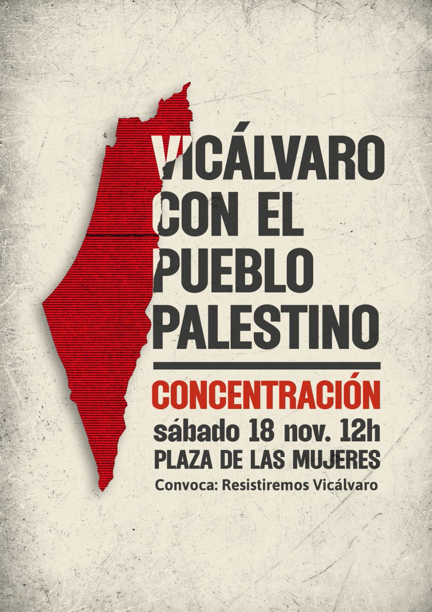 🇵🇸CONCENTRACIÓN EN SOLIDARIDAD CON PALESTINA EN VICALVARO🇵🇸

👩🏾‍🤝‍👨🏽Convocamos a las vecinas y vecinos de Vicálvaro el próximo SÁBADO 18 A LAS 12H en la PLAZA DE LAS MUJERES a concentrarse en solidaridad con el pueblo palestino y contra el genocidio israelí ✊🏿

🇵🇸Os esperamos! 🇵🇸