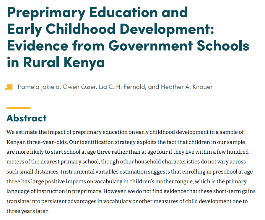 David Evans (@daveevansphd) on Twitter photo Question: Can someone point me to an example of an instrumental variables (IV) paper that's both credible AND isn't just using randomization as an instrument?
Answer: See this new <a href="/CGDev/">Center for Global Development</a> paper from <a href="/PJakiela/">Pamela Jakiela</a>, <a href="/OwenOzier/">Owen Ozier</a>, <a href="/LiaFernald/">Lia Haskin Fernald</a>, & <a href="/HeatherKnauer/">Heather Knauer PhD</a> cgdev.org/publication/pr… Question: Can someone point me to an example of an instrumental variables (IV) paper that's both credible AND isn't just using randomization as an instrument?
Answer: See this new <a href="/CGDev/">Center for Global Development</a> paper from <a href="/PJakiela/">Pamela Jakiela</a>, <a href="/OwenOzier/">Owen Ozier</a>, <a href="/LiaFernald/">Lia Haskin Fernald</a>, & <a href="/HeatherKnauer/">Heather Knauer PhD</a> cgdev.org/publication/pr…