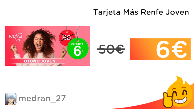 chollometro's tweet photo. 🚄 Si tienes entre 14 y 25 años, consigue tu tarjeta Más Renfe Joven por solo 6€ ¡Antes 50€! Con ella tendrás un 30% de descuento en AVE, AVE Internacional y Larga Distancia y un 25% en Avant, Media Distancia y Cercanías. TOMA! ➡️ https://t.co/h1YvbpDysK https://t.co/RoFflnMF41