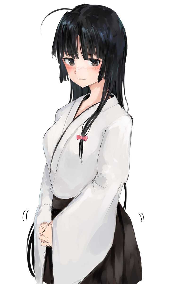 shouhou (kancolle) 1girl long hair solo black hair ahoge japanese clothes white background  illustration images
