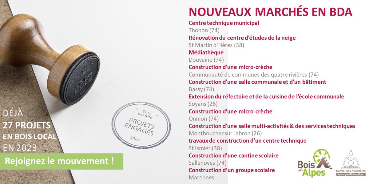 Voici les derniers marchés <a href="/BoisDesAlpes/">BOIS DES ALPES™</a> 
Vous souhaitez réaliser un projet en bois local certifié ?🪵Contactez-nous : aura@communesforestieres.org