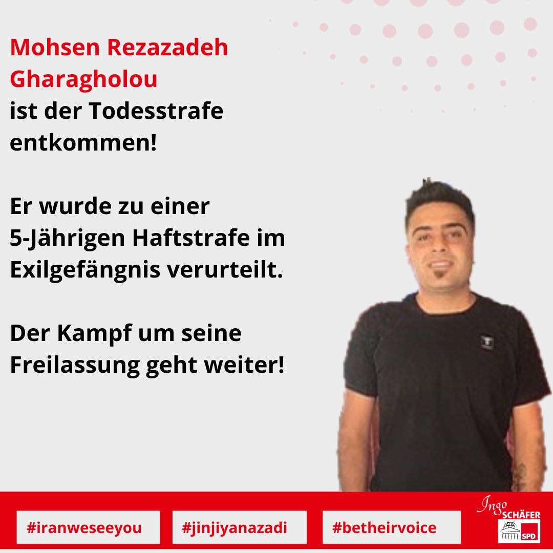 Wir sind erleichtert zu wissen, dass #mohsenrezazadehgharaghlou Todesstrafe in eine Haftstrafe von 5 Jahren umgewandelt wurde.
Er wurde nun in das Jask-Gefängnis verlegt, um seine 5-jährige Exilstrafe abzusitzen. Jeder Tag in Haft ist zu viel!
