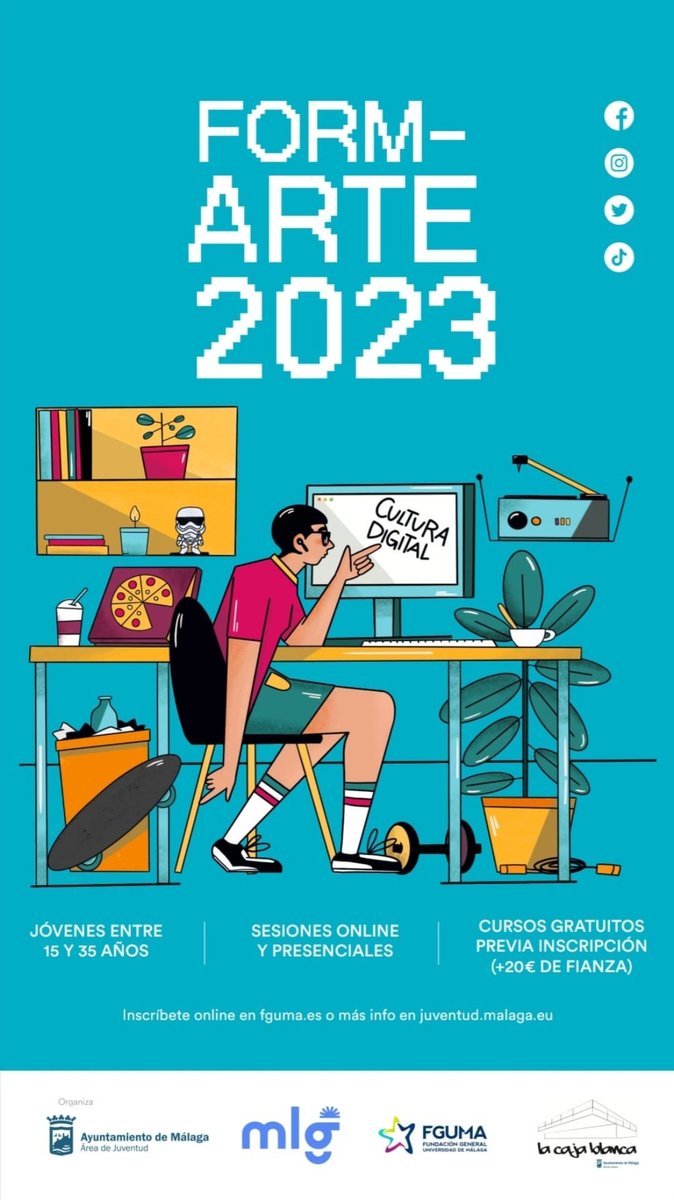 malaga's tweet image. Último día de inscripción para los cursos gratuitos #FormArte 2023 especializados en cultura y nuevas tecnologías. Estos talleres están dirigidos a jóvenes entre 15 y 35 años que hayan nacido, residan, estudien o trabajen en Málaga. Más información👉 acortar.link/mvg1Cl