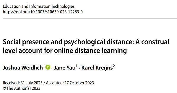 New Pub: Social Presence and Psychological Distance Social presence –the sense that others are ‘real’ and ‘there’– is a key variable in unde buff.ly/49yhaNa