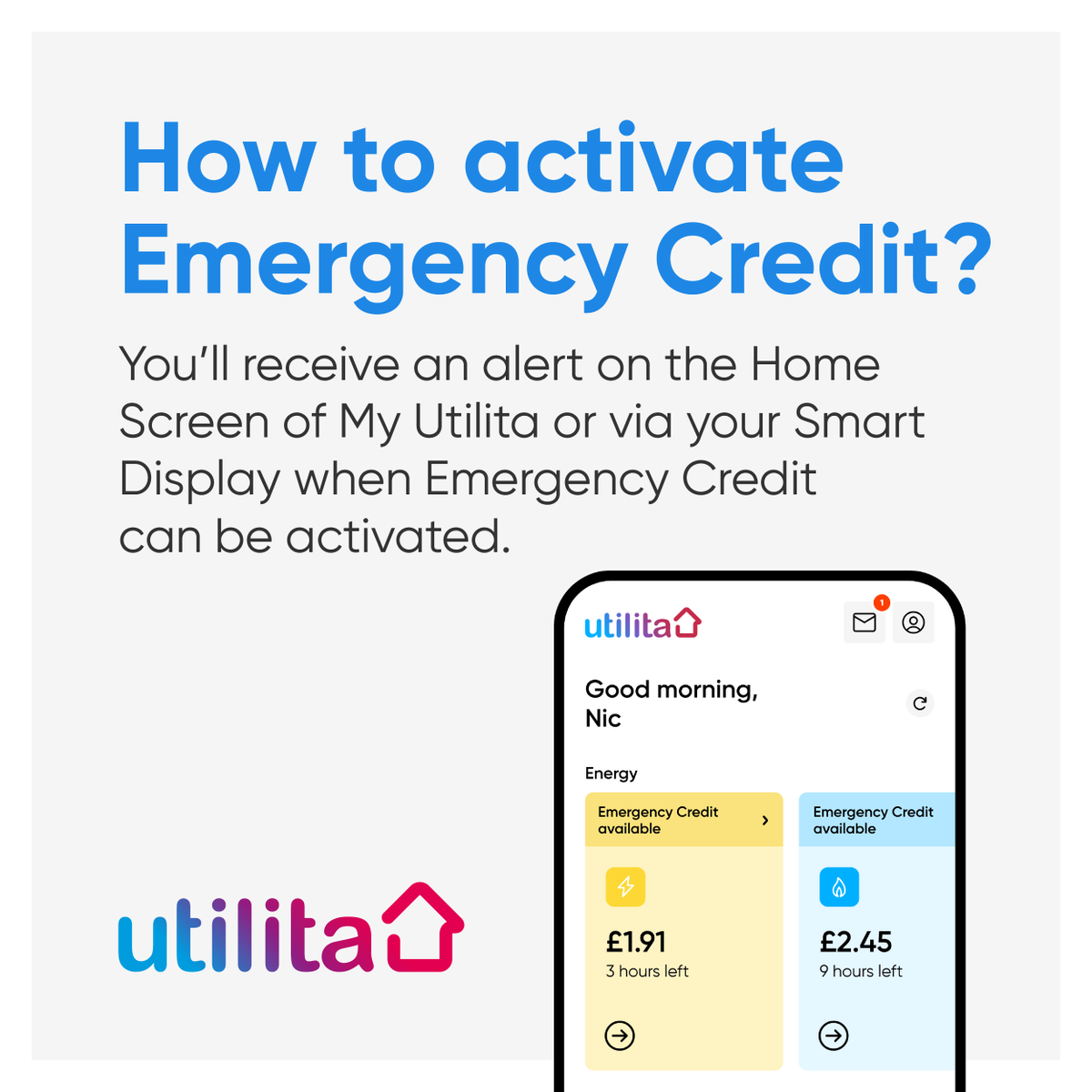 UtilitaEnergy's tweet image. Need a little longer to top-up? ⏰ 

We give £15 Emergency Credit to all our Smart #PayAsYouGo customers – simply follow these steps to activate yours if you’re running low on credit…