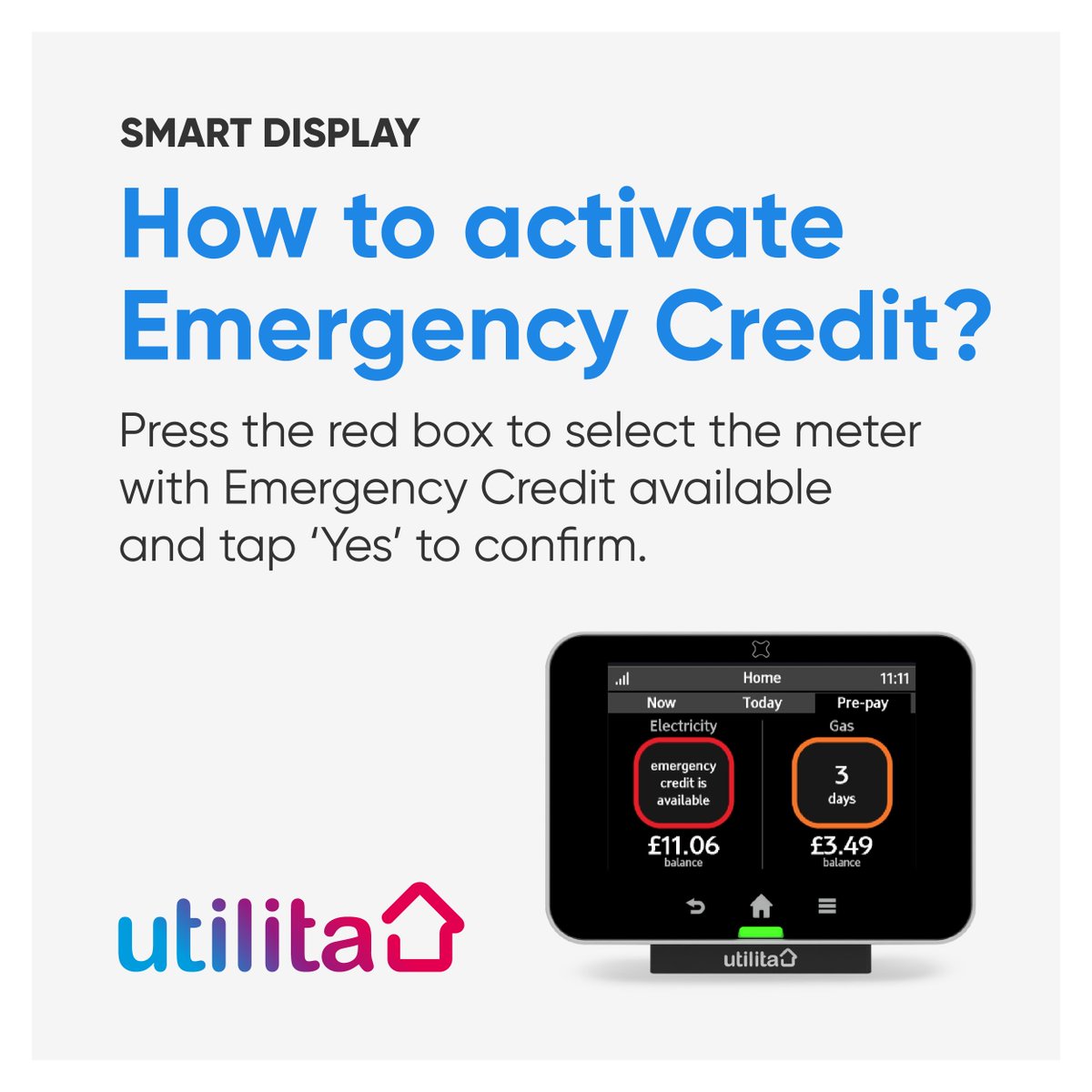 UtilitaEnergy's tweet image. Need a little longer to top-up? ⏰ 

We give £15 Emergency Credit to all our Smart #PayAsYouGo customers – simply follow these steps to activate yours if you’re running low on credit…