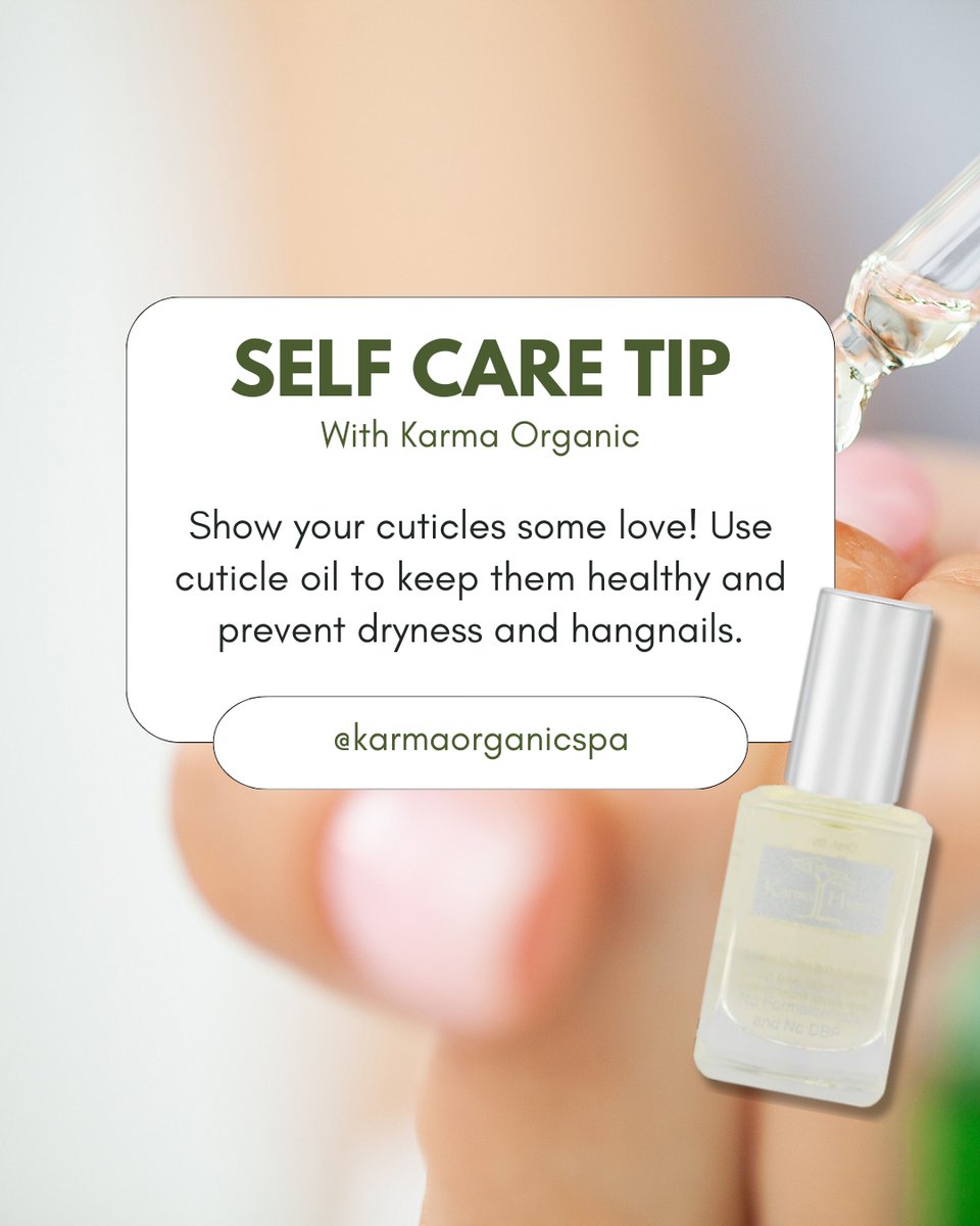 Pamper your cuticles with some extra TLC. 💕 

Looking for the perfect cuticle oil? Our Almond Cuticle Oil is the ideal pick, crafted with clean ingredients to give your cuticles the love they deserve.

#SelfCareTip #KarmaOrganicSpa #CuticleOil #CleanBeauty #Sustainable
