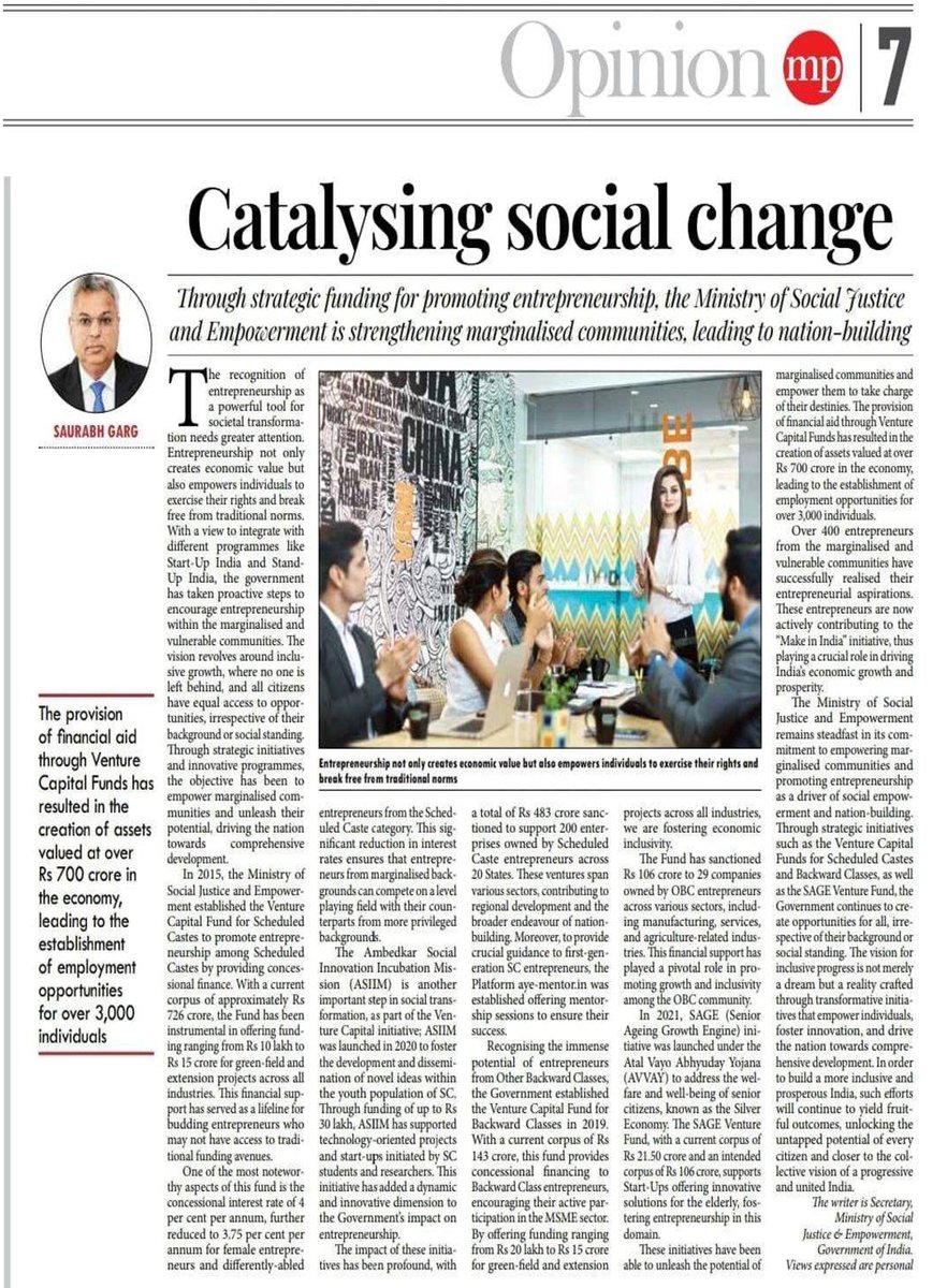 Ministry of Social Justice & Empowerment, GOI (@msjegoi) on Twitter photo Dive deep into the visionary journey at the Ministry of Social Justice and Empowerment. Unveil the op-ed dated 21 September 2023 (Millennium Post)- ‘Catalysing Social Change’ by Shri <a href="/_saurabhgarg/">Saurabh Garg</a> , detailing strategic funding and initiatives fostering entrepreneurship among Dive deep into the visionary journey at the Ministry of Social Justice and Empowerment. Unveil the op-ed dated 21 September 2023 (Millennium Post)- ‘Catalysing Social Change’ by Shri <a href="/_saurabhgarg/">Saurabh Garg</a> , detailing strategic funding and initiatives fostering entrepreneurship among