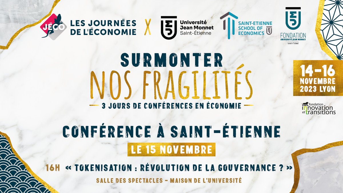 L’#UniversitéJeanMonnet, à travers @SE2, participe à la 16ème édition <a href="/les_jeco/">Les Jéco</a> avec une conférence, le 15 novembre 2023, sur le campus Tréfilerie #SaintÉtienne : « Tokenisation : révolution de la gouvernance ? ». #jeco2023 #économie
Infos &amp; inscriptions : tinyurl.com/4xy6h3td