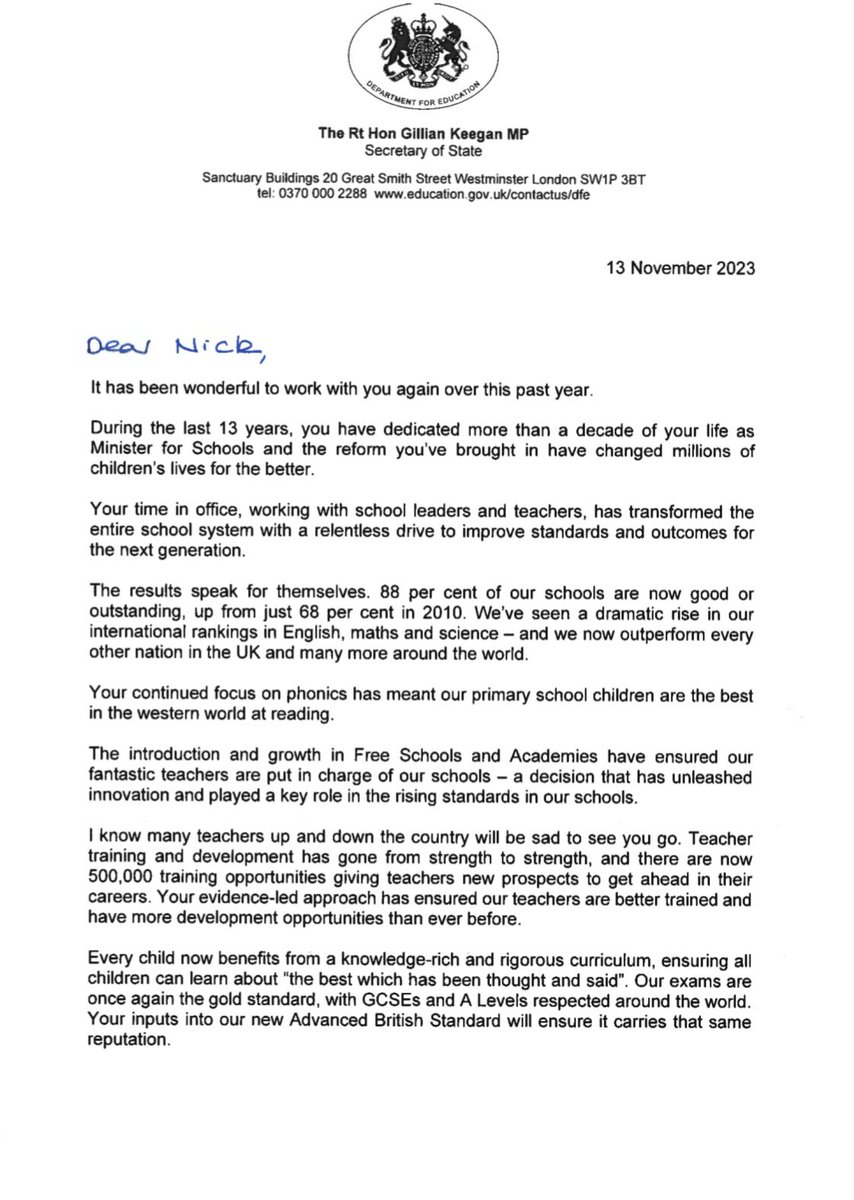 GillianKeegan's tweet image. Whilst I’m very sad to see @NickGibbUK step down as Schools Minister, I wish him the best of luck with his plans to join the diplomatic service.

Nick has worked with school leaders and teachers to transform millions of children’s lives for the better.

Thank you, Nick.