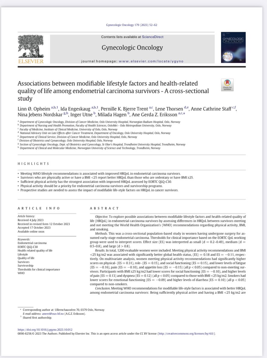 agz_eriksson's tweet photo. Proud of @LinnOpheim & @idaengeskaug completing their master thesis in Oncology Nursing w this publication in @gynoncjnls on modifiable life-style factors &QoL in #EndometrialCancer survivors🏃♀️🤸🏋️♀️
open access👇
🔗 https://t.co/j4llsAWrrg
@aktivmotkreft @IGCSociety @ESGO_society https://t.co/kqEMQWrwUj