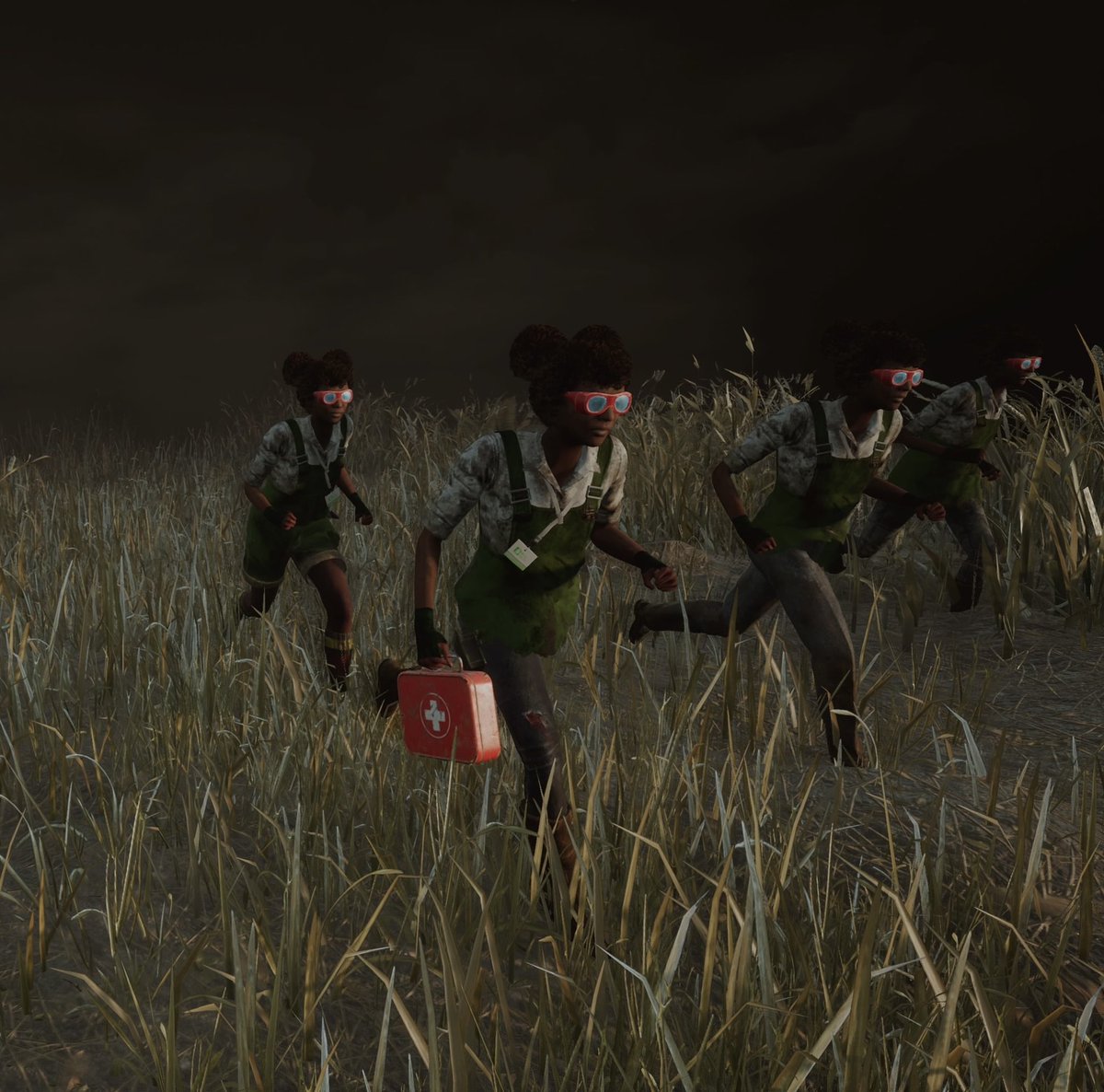 obiwan_cat's tweet photo. ロビーから少し目を離した間にモレル軍団になってた笑　そして仲良く脱出して草原を駆け抜けてゆくモレル達！ #dbd https://t.co/FLWn6vDnYi