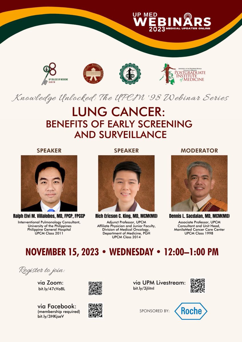 UPCM98's tweet photo. Join our webinar on LUNG CANCER SCREENING on Nov 15, Wed, 12nn.. brought to you by the 2023 Silver Jubilarians, UPCM ‘98!

• Zoom – https://t.co/EHq0qeU25N
• Facebook – https://t.co/cWCFvxAOpI
• UPM Livestream – https://t.co/jm6qmPOnFl

@UPManilaOnline #UPCM98
#lungcancer https://t.co/sMMHwUR54C
