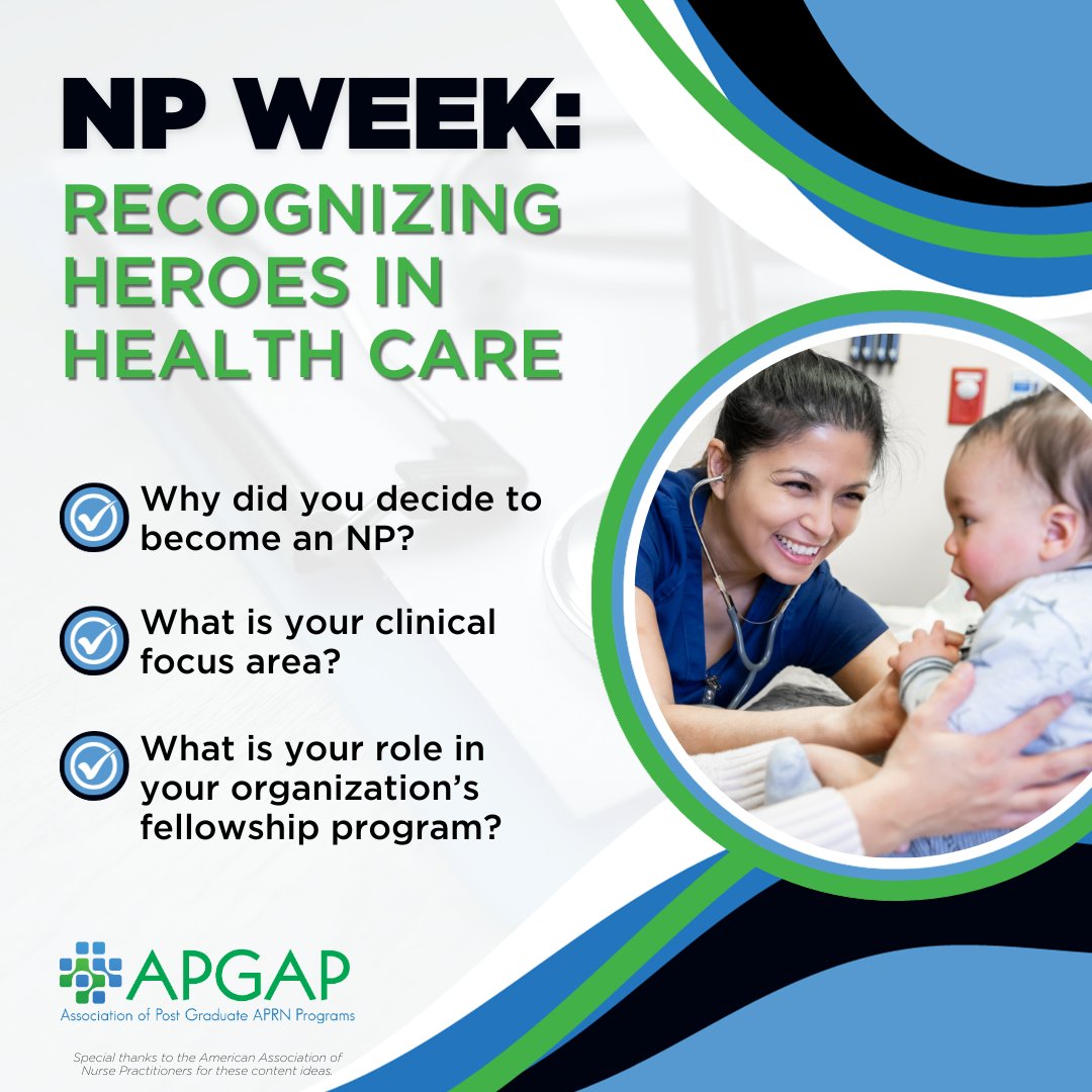 postgradAPRN's tweet photo. We'd love to hear more of your NP story! Share your journey with us - what led you to become an NP? What is your area of expertise?
#APGAP #NursePractitioner #APGAPMembers #NPWeek #NPsLead #NPFellowship https://t.co/gSk0a4l7DS