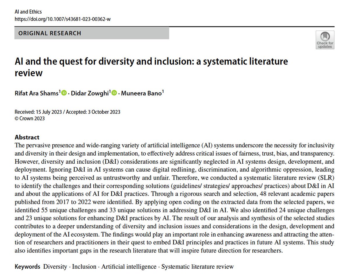 I am delighted to share that our paper titled "AI and The Quest for Diversity and Inclusion: A Systematic Literature Review" has been published in AI and Ethics journal. Thanks to my co-authors, Prof Didar Zowghi and @DrMuneeraBano.
Paper link: doi.org/10.1007/s43681…
<a href="/Data61news/">Data61</a>