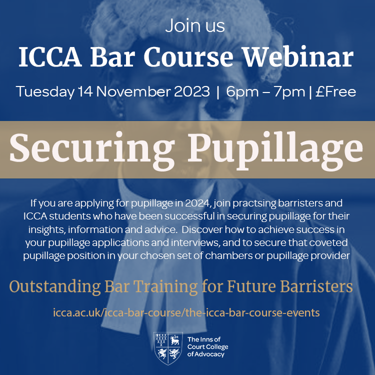 If you are applying for #pupillage in 2024, join us for insights, information and advice at the ICCA Bar Course ‘Securing Pupillage’ webinar on Tuesday 14 November 2023, 6pm-7pm. Register here: form.jotform.com/232194713400346 #ForFutureBarristers #students #lawstudents #barrister