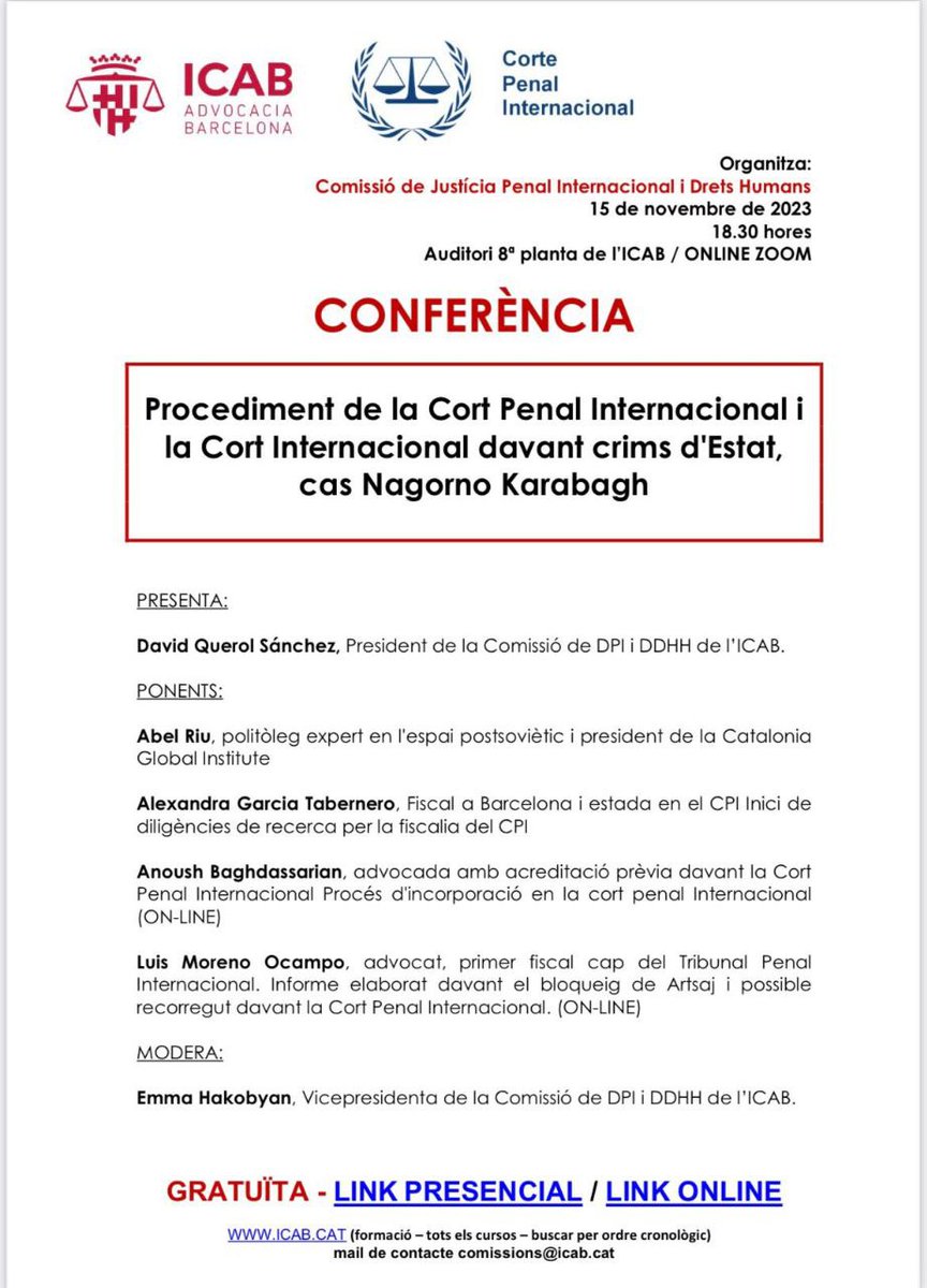 Aquest dimecres a l'ICAB parlarem de la neteja ètnica dels armenis de l'Alt Karabakh a mans de l'Azerbaidjan, dels orígens del conflicte, i dels possibles crims de guerra, contra la humanitat, i de genocidi que s'hi han pogut produir.

Inscripcions aquí 👇
icab.es/ca/formacio/cu…
