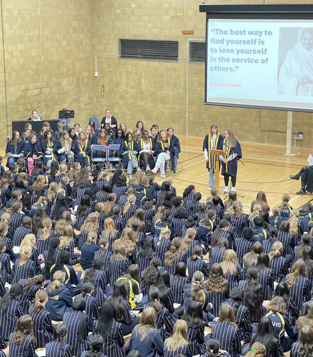 STAHS's tweet photo. School Officers Jess and Carys gave a thought-provoking assembly this morning about the importance of charity   work and giving back ⭐️ @STAHSSixthForm #STAHS https://t.co/bRL6nnetXz