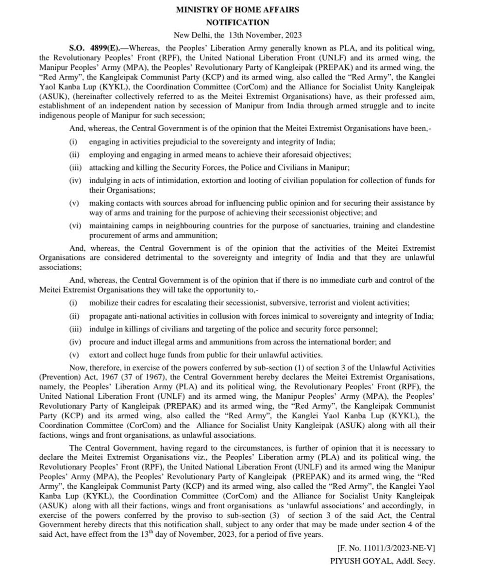 The @HMOIndia Ministry of Home Affairs, Govt of India The Centre on Monday banned seven Radical Meitei extremist groups and four of its affiliates, which included two political wings and two armed wings, for five years on charges of engaging in anti-India activities that…