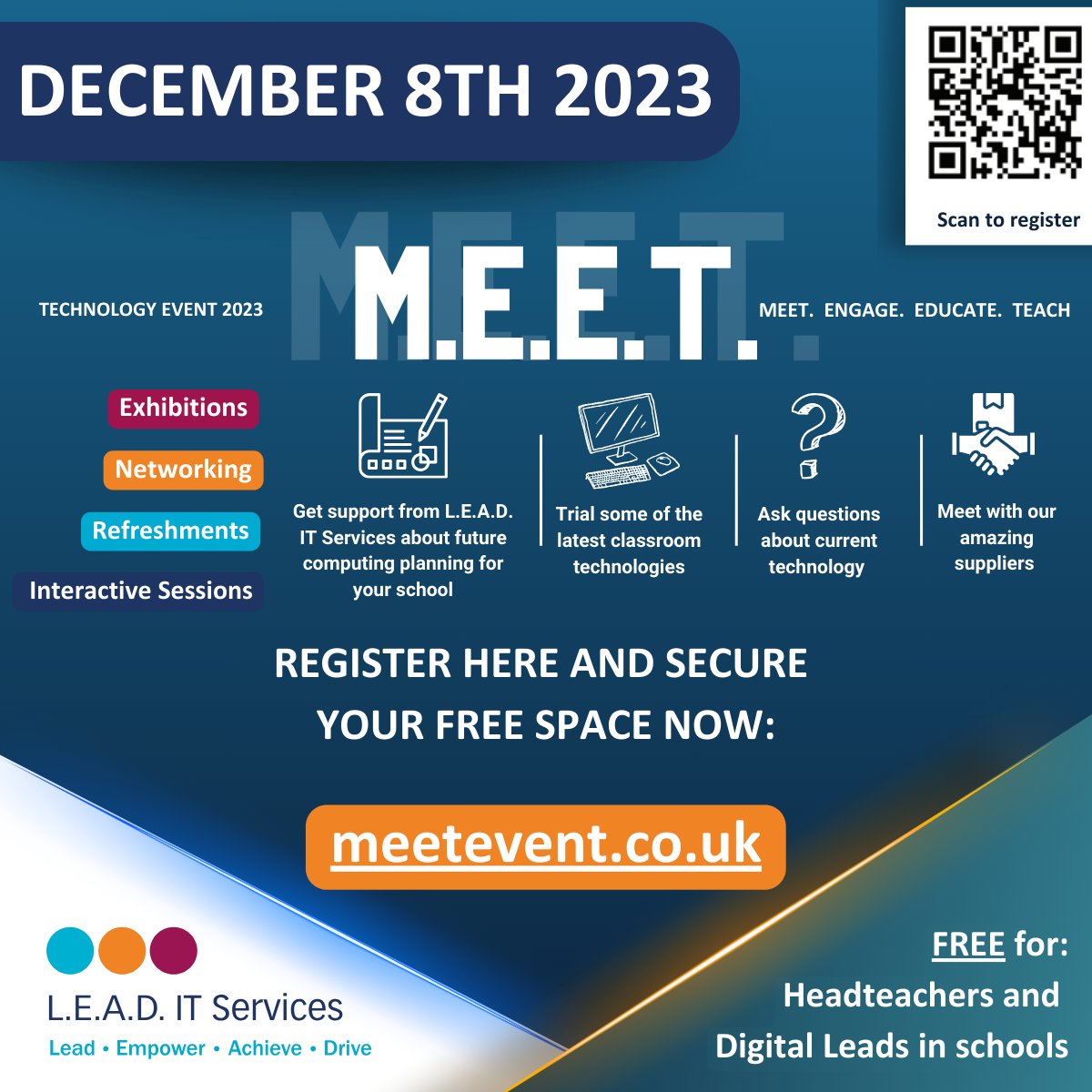 The Goal: Meet. Engage. Educate. Teach

M.E.E.T. is right around the corner and this is the last week to register!

Free registration at meetevent.co.uk by Friday 17th November.

Stay tuned to find out who our amazing speakers are!

#edtech #technologyconference #digital