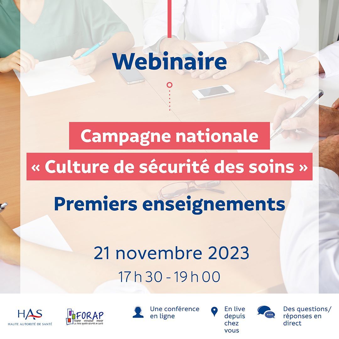 Sécurité patients | La <a href="/FORAP_SRA_QSSP/">FORAP</a> et la HAS organisent un #webinaire sur les premiers enseignements de la campagne nationale de mesure de la culture de sécurité des soins dans les établissements de santé

📅 Le 21/11 à 17h30 sur YouTube
👉 has-sante.fr/jcms/p_3419457…