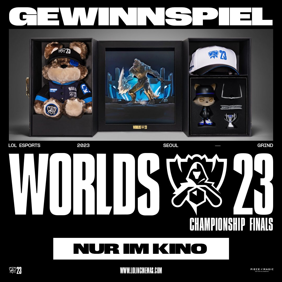 🚨 GEWINNSPIEL 🚨

Gewinnt eine #Worlds2023 Special Edition Box! Wie ihr mitmachen könnt:

1. Besorgt euch ein Worlds Kino Ticket in einem der teilnehmenden Kinos (siehe Reply)
2. Postet ein Bild dazu auf X mit dem Hashtag #WorldsCinema
3. Fertig!

🎫 lolincinemas.com