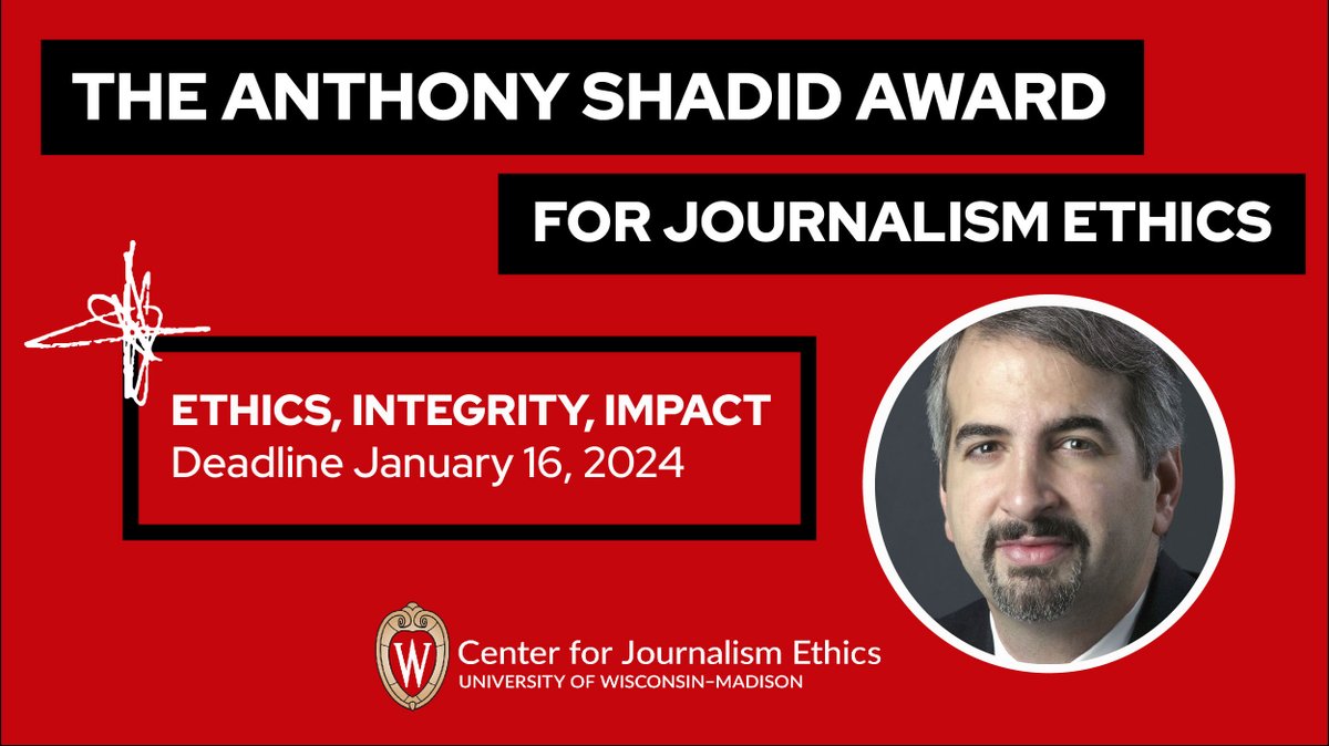 Nominations for the 2024 #ShadidAward are open! We are excited to once again recognize work made with deep care for its impact and to honor the memory of Anthony Shadid. How to nominate: ethics.journalism.wisc.edu/shadid-award/s…